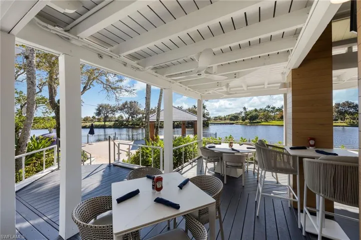 Deck featuring outdoor dining area and a water view