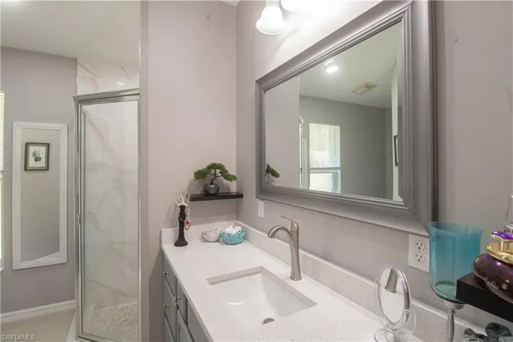 Full bath with vanity and a shower stall