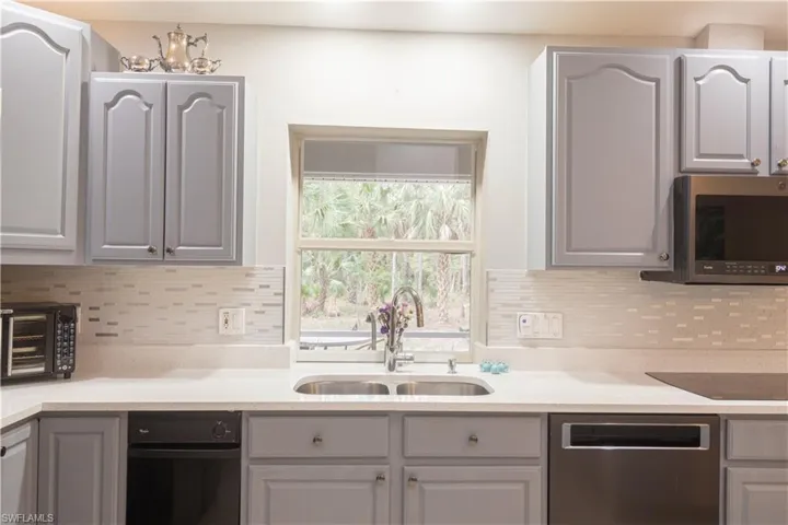 Kitchen with dishwashing machine, stainless steel microwave, a sink, gray cabinets, and decorative backsplash