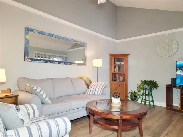 Living area with high vaulted ceiling, baseboards, and wood finished floors