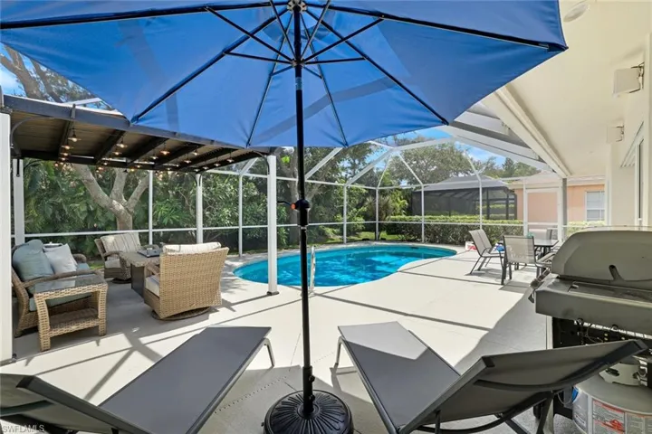 View of swimming pool featuring a patio, a lanai, and grilling area