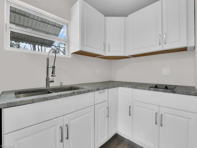 Kitchen featuring white cabinets, dark stone counters, and dark wood-style flooring