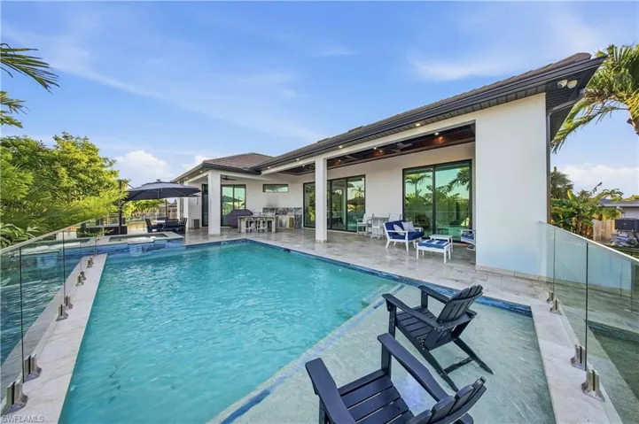 Relaxing pool / spa featuring a patio and outdoor dining space
