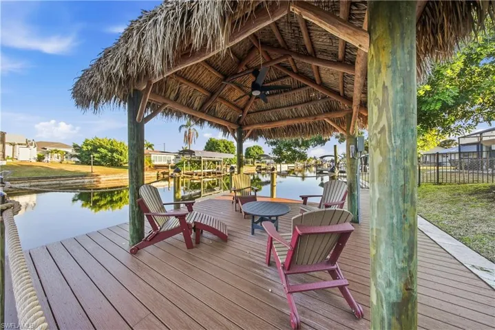 Dock area with a residential view and a water view