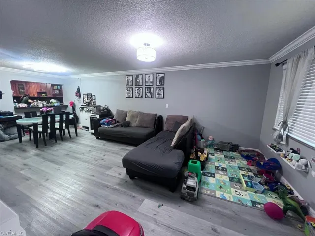 Living room with ornamental molding, wood finished floors, and a textured ceiling