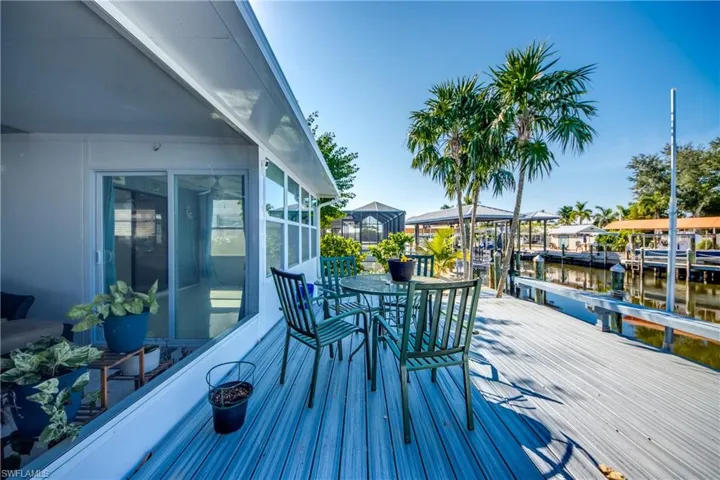 Deck featuring a water view, outdoor dining area, and a boat dock