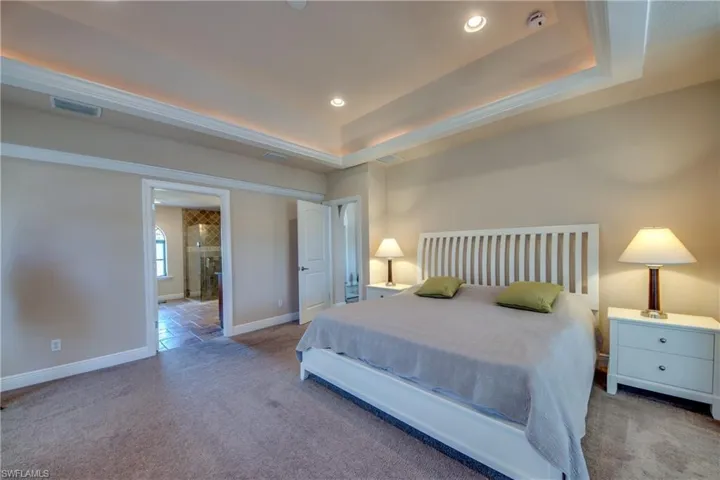 Carpeted bedroom featuring a raised ceiling, recessed lighting, visible vents, and baseboards