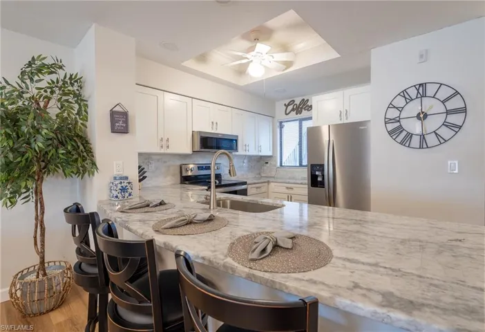 Kitchen with stainless steel appliances, a tray ceiling, tasteful backsplash, a kitchen bar, and light stone counters