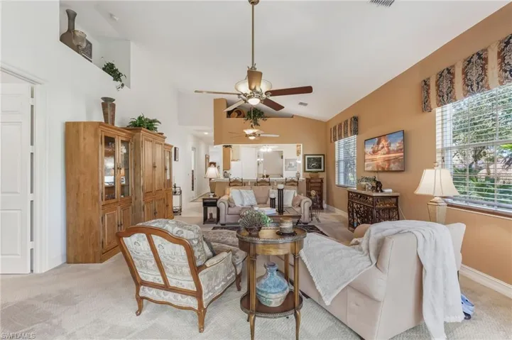 Living room with view to kitchen