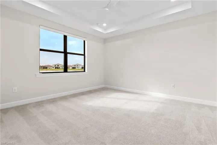 Spacious primary suite with tray ceiling, silhouette blinds - room for King size bed