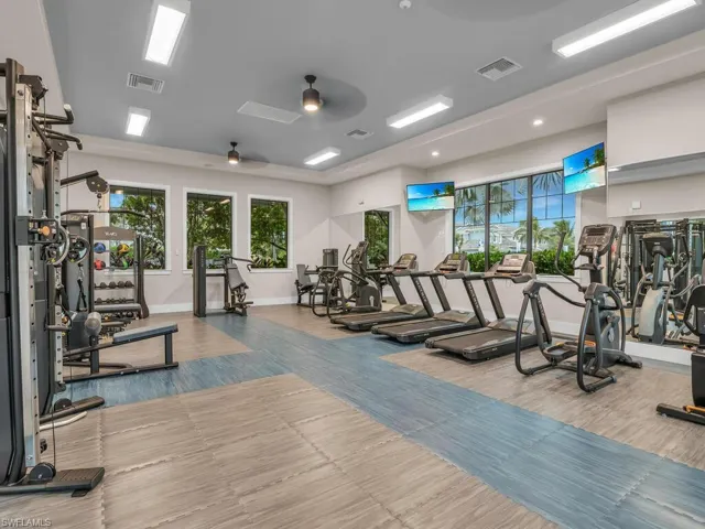 Workout area with ceiling fan