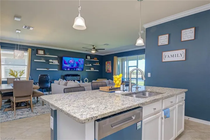 Kitchen island featuring a double-basin sink, granite countertop, and white cabinetry