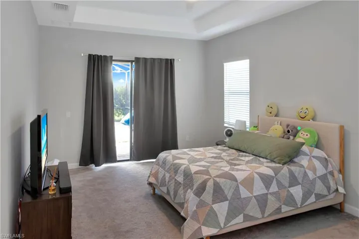 Carpeted bedroom featuring access to outside, multiple windows, and a raised ceiling