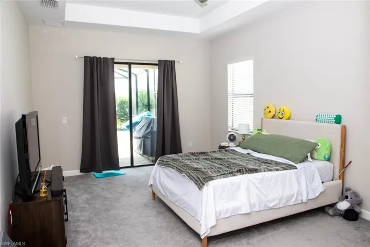 Carpeted bedroom featuring multiple windows, access to outside, and a tray ceiling