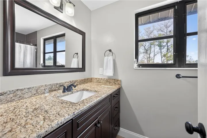 Bathroom vanity featuring a speckled countertop, undermount sink, dark wood-finish cabinetry, and a large framed mirror