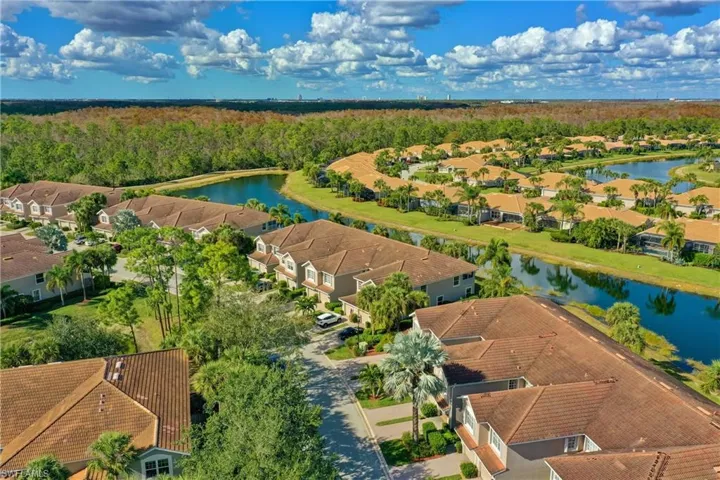 Aerial perspective of suburban area with a large body of water