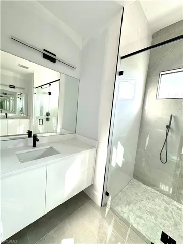 Bathroom with walk in shower and vanity
