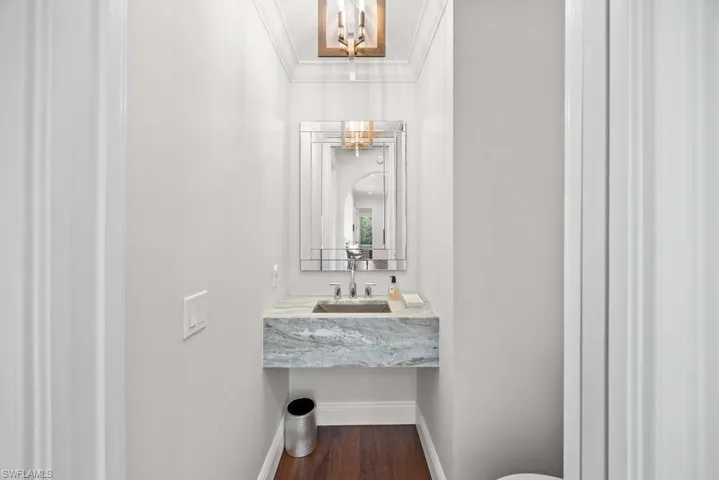 Bathroom with hardwood / wood-style flooring, ornamental molding, and sink