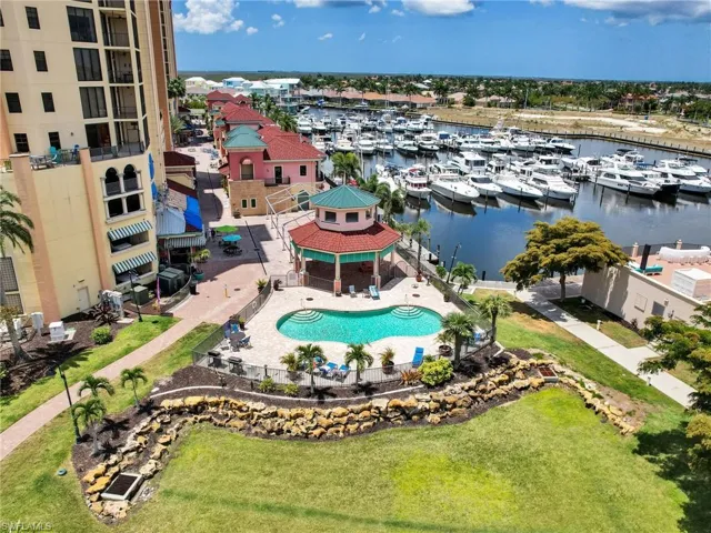 Aerial view featuring a water view