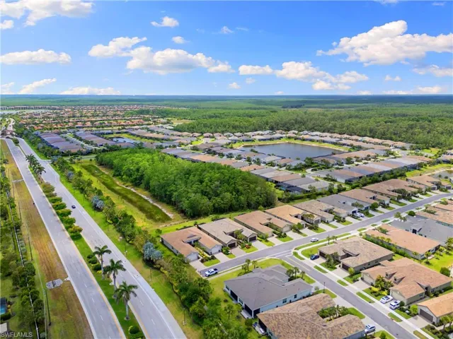 Aerial perspective of suburban area with a large body of water and a forest