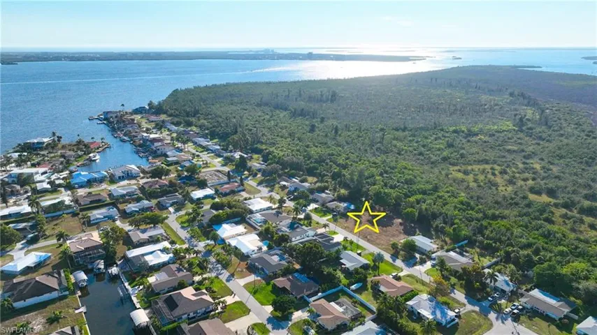 Aerial perspective of suburban area featuring a forest and a large body of water