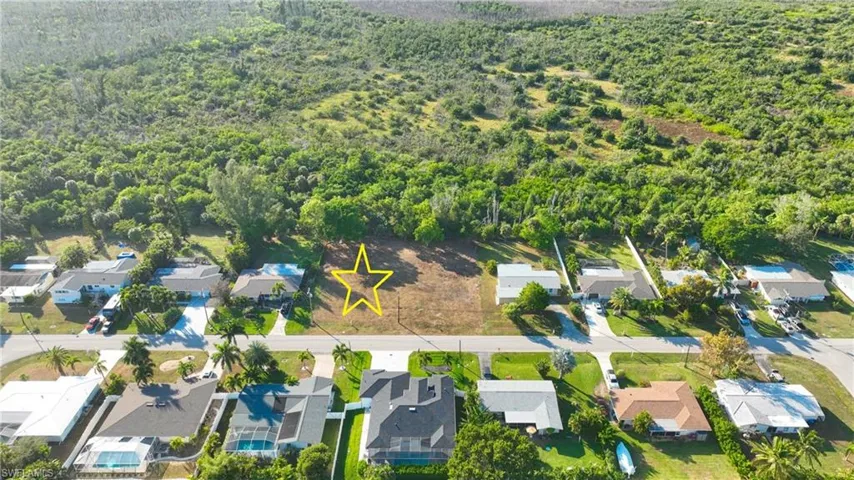 Aerial view of residential area with a forest