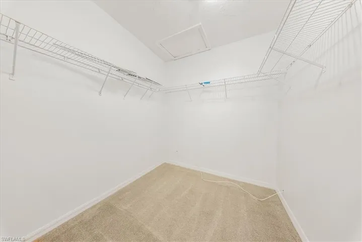 Spacious closet featuring attic access and carpet floors