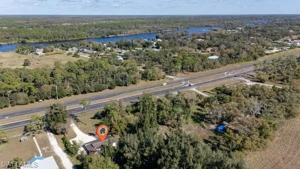 Drone / aerial view of a large body of water and a forest