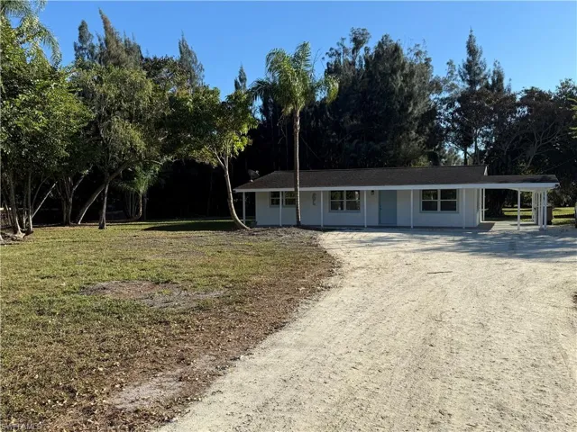 Ranch-style house featuring driveway, a porch, a front lawn, and a carport