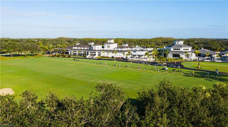 View from southeast of golf practice area and clubhouse.