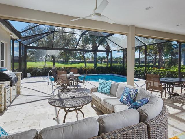 Lanai facing desirable southeast, Turkish marble deck and summer kitchen to the left with stone base and granite counter and backwall. Pool cage is newer with "picture window" golf view...no metal infrastructure to spoil the setting. Lanai "under roof" protected on all three sides by electric powered fabric hurricane shutters.
