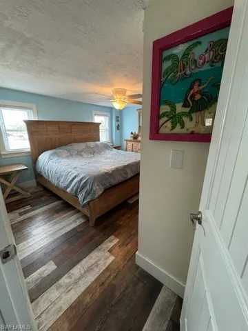 Entry to Master bedroom with a textured ceiling, multiple windows, dark wood-style floors, and ceiling fan