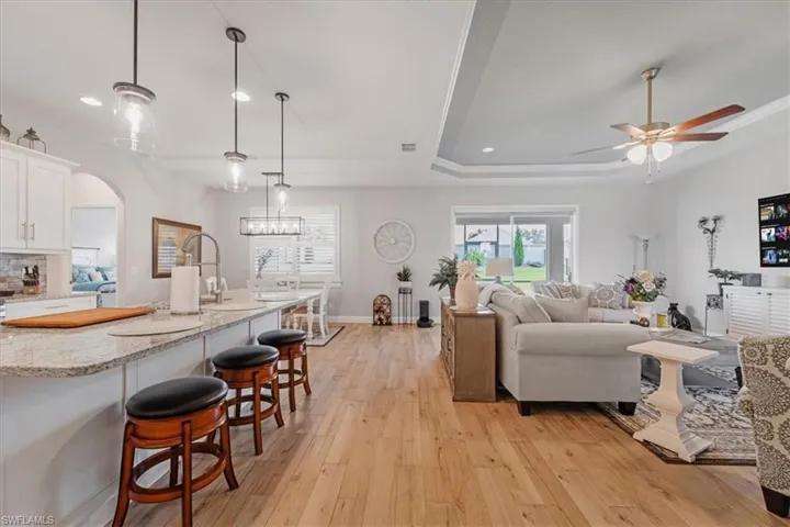 Living room with a tray ceiling, ceiling fan, light hardwood / wood-style floors, and sink