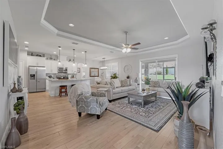 Living room featuring ceiling fan, a raised ceiling, light hardwood / wood-style floors, and sink