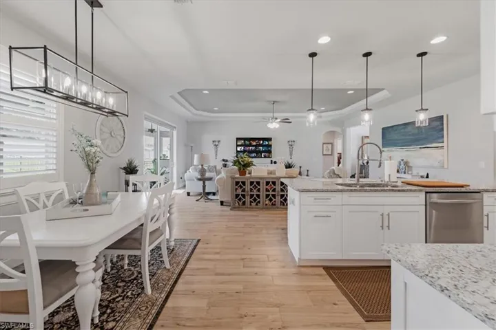 Kitchen featuring ceiling fan, a tray ceiling, stainless steel dishwasher, light wood-type flooring, and sink