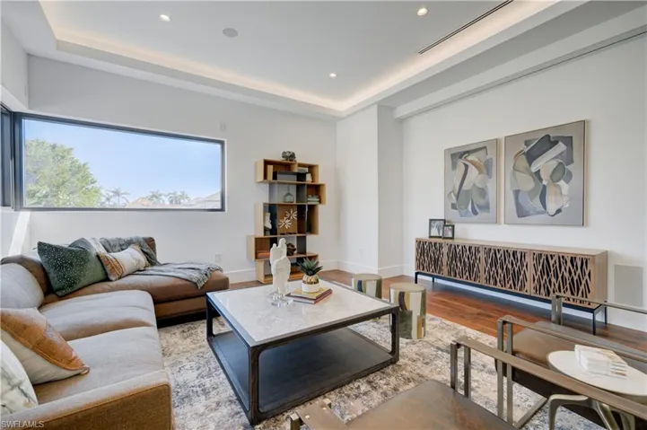 Living room with light hardwood / wood-style floors and a raised ceiling