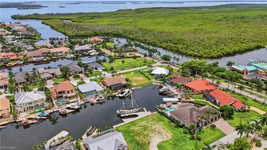 Waterfront community featuring canal access, mature palm trees, manicured lawns, and varied architectural styles