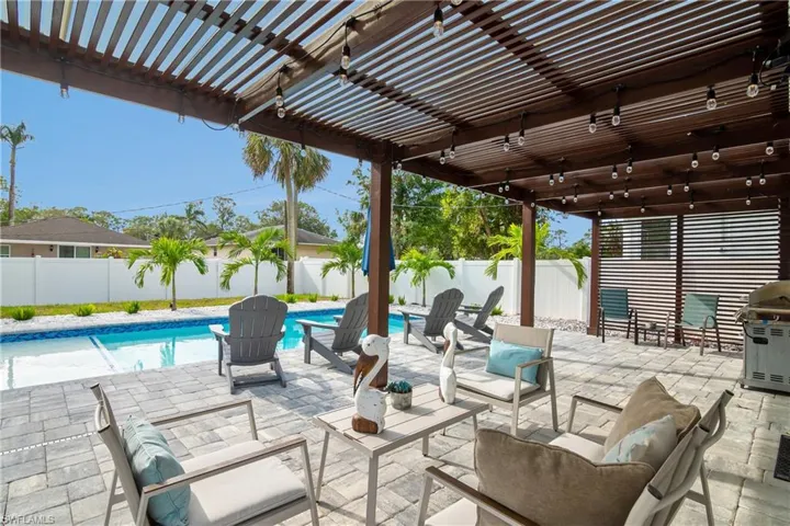 View of patio with a fenced in pool, a pergola, and a grill