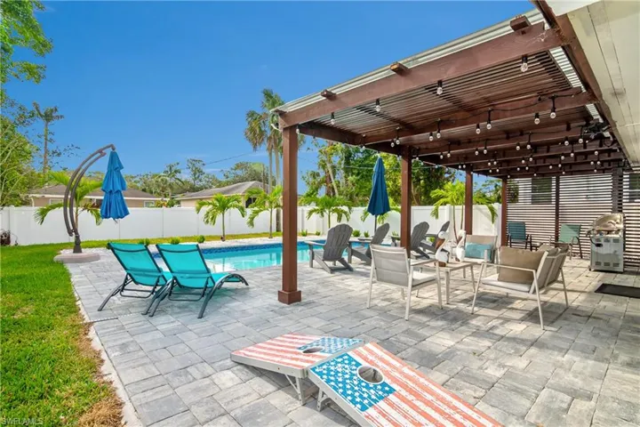 View of patio featuring a fenced in pool and a pergola
