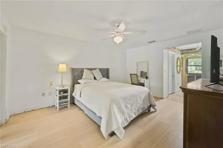 Bedroom featuring light wood finished floors and a ceiling fan