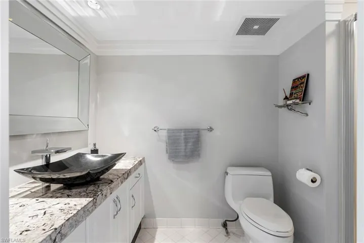 Bathroom with crown molding, vanity, and toilet