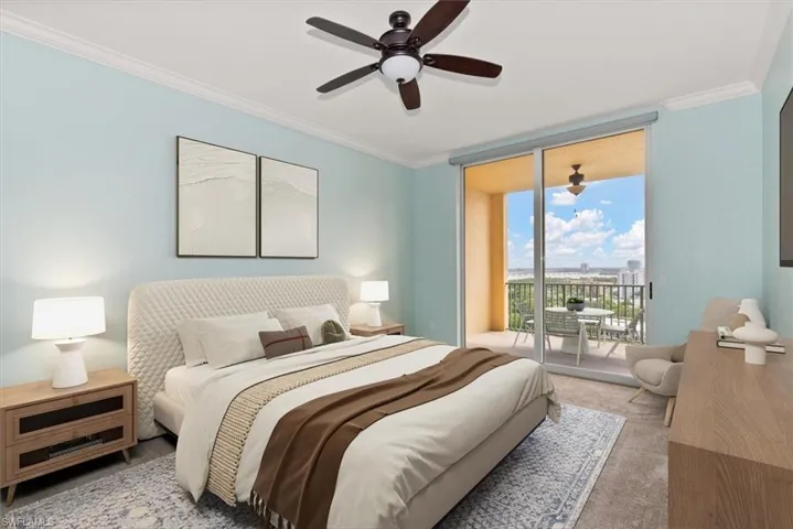 Bedroom with ornamental molding, light colored carpet, ceiling fan, access to exterior, and floor to ceiling windows