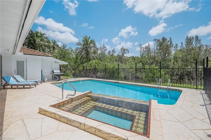View of pool featuring a patio, an in-ground hot tub, area for grilling, and a fenced backyard