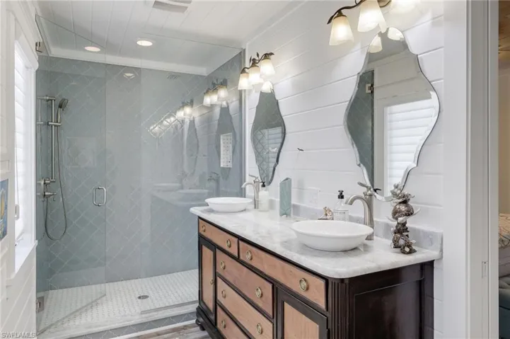 Bathroom with Double Vanities, Custom Basketweave Tile