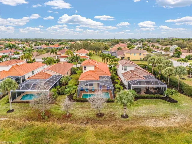 Aerial view of residential area with a pool and lake