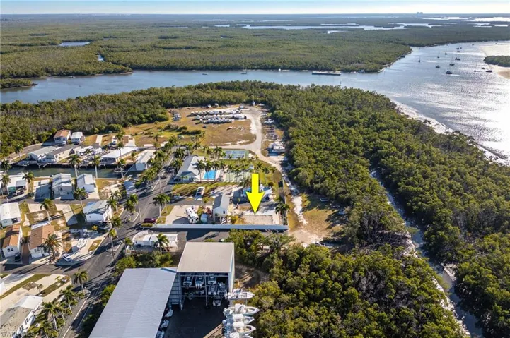 Bird's eye view of a nearby body of water and a forest