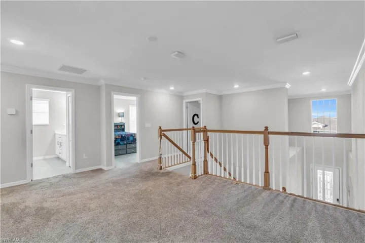 Unfurnished room with light carpet and ornamental molding