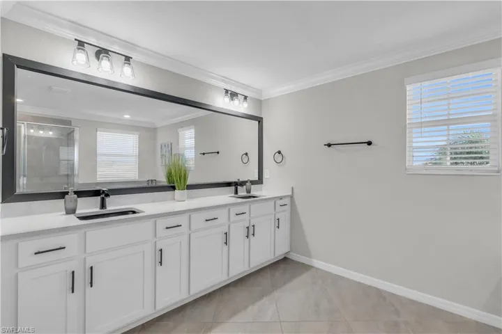 Bathroom featuring vanity, plenty of natural light, crown molding, and a shower with shower door