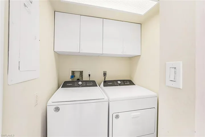 Laundry area with electric panel, cabinet space, and separate washer and dryer