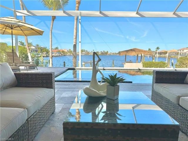 View from seating within enclosed pool area